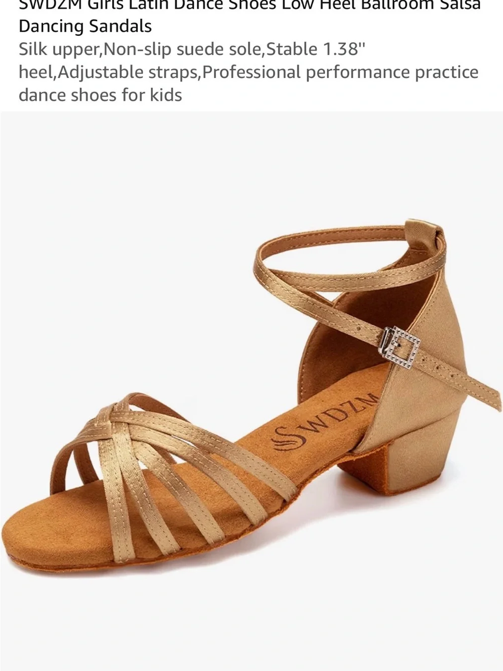Girls' Gold Latin Dance Shoes - Low Heel Ballroom Sandals Size 2
